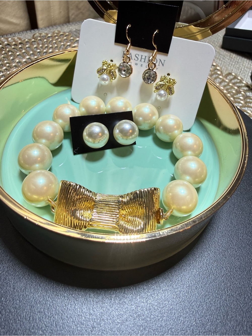 Gold & Pearl Luxe Gift Bundle — Kate Spade Bracelet + Trinket Box + Earrings .